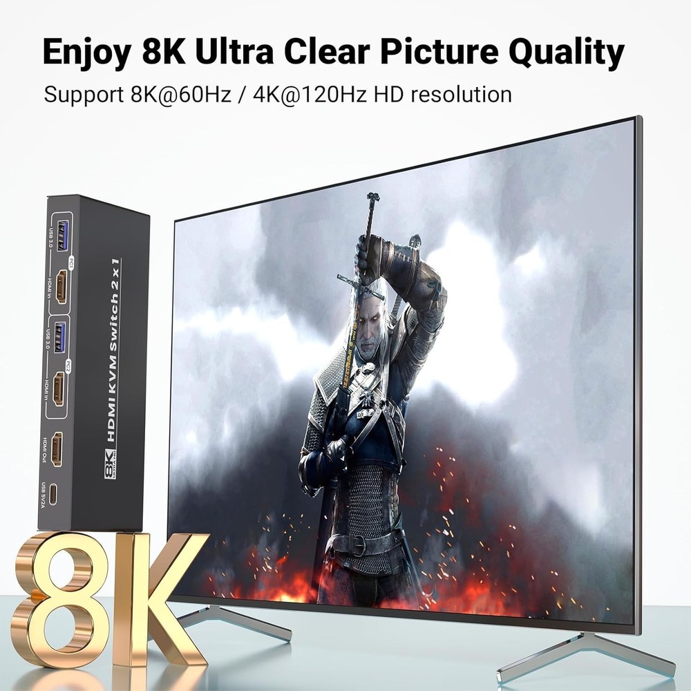Durable HDMI KVM Switch for 2 Computers - 8K60Hz Resolution with USB 3.0