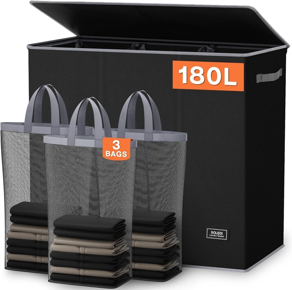 Extra Large 3-Section Laundry Hamper, 180L with Lid - Modern Storage Solution