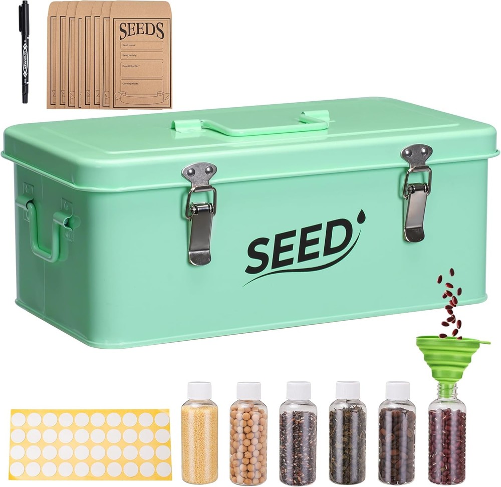 Metal Seed Storage Box with Lid and Safety Locks, Seed Bin Packet Container