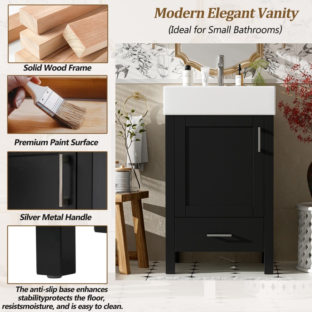 Black Modern Bathroom Vanity with Ceramic Sink, Solid Wood Frame，Storage Drawer