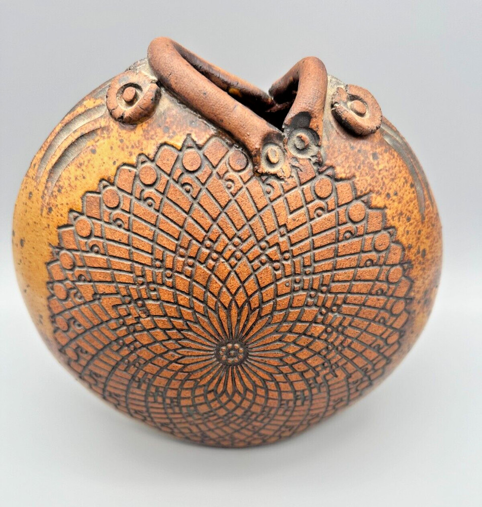 Brown Earthenware Vase Two Fish Geometric Design Unique 8.5” Diameter