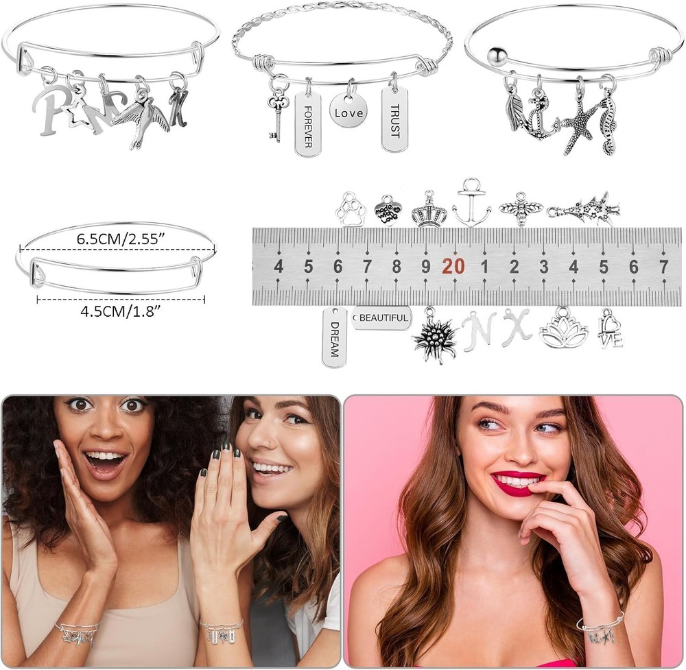 363 Pcs Charm Bracelet Making Kit Bangle Bracelets DIY Kit, 17 Silver Expandable