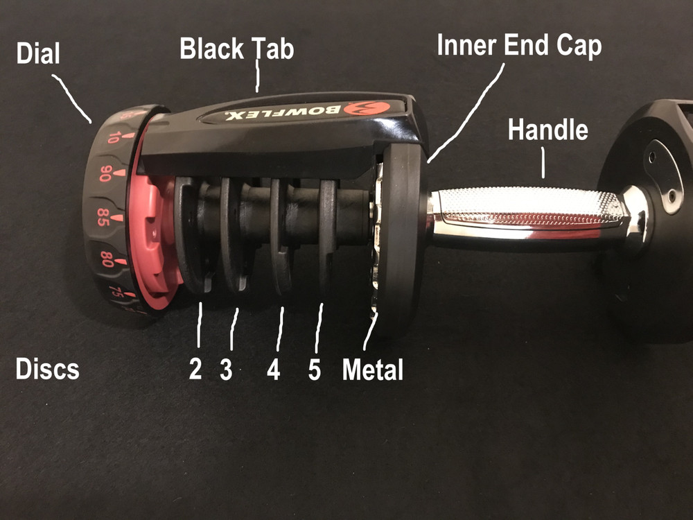 2- Bowflex 1090 Dumbbell Replacement Handle Part Black Tab Endcap Dial Lock Disc