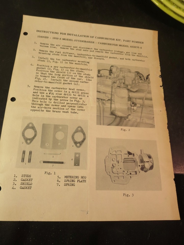 Original 1959 Studebaker Carburetor Kit Installation Instructions