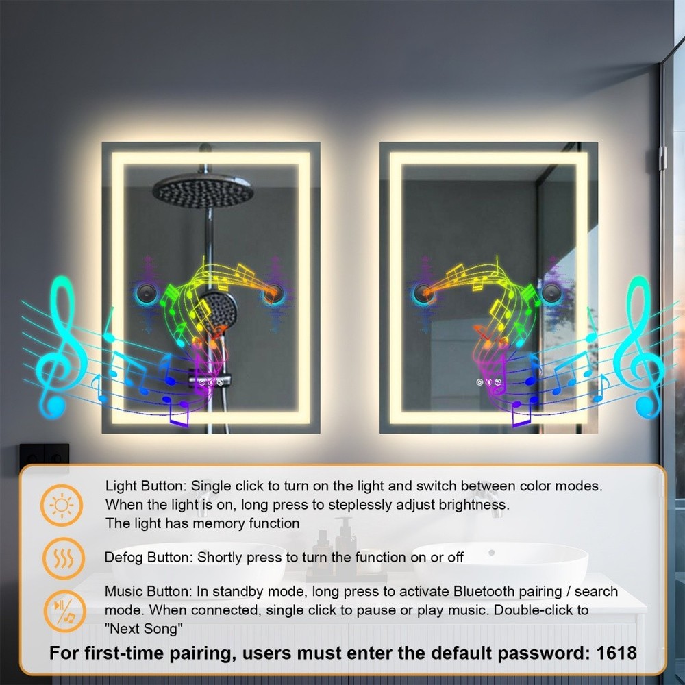 Smart Bluetooth Bathroom Mirror with Double Speakers Backlight Stepless Dimming