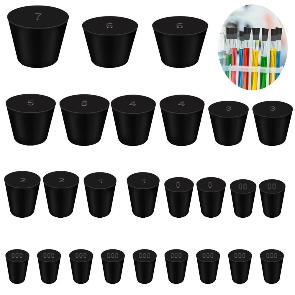 25Pcs Black 000-7 Solid Rubber Stoppers 10 Assorted Sizes