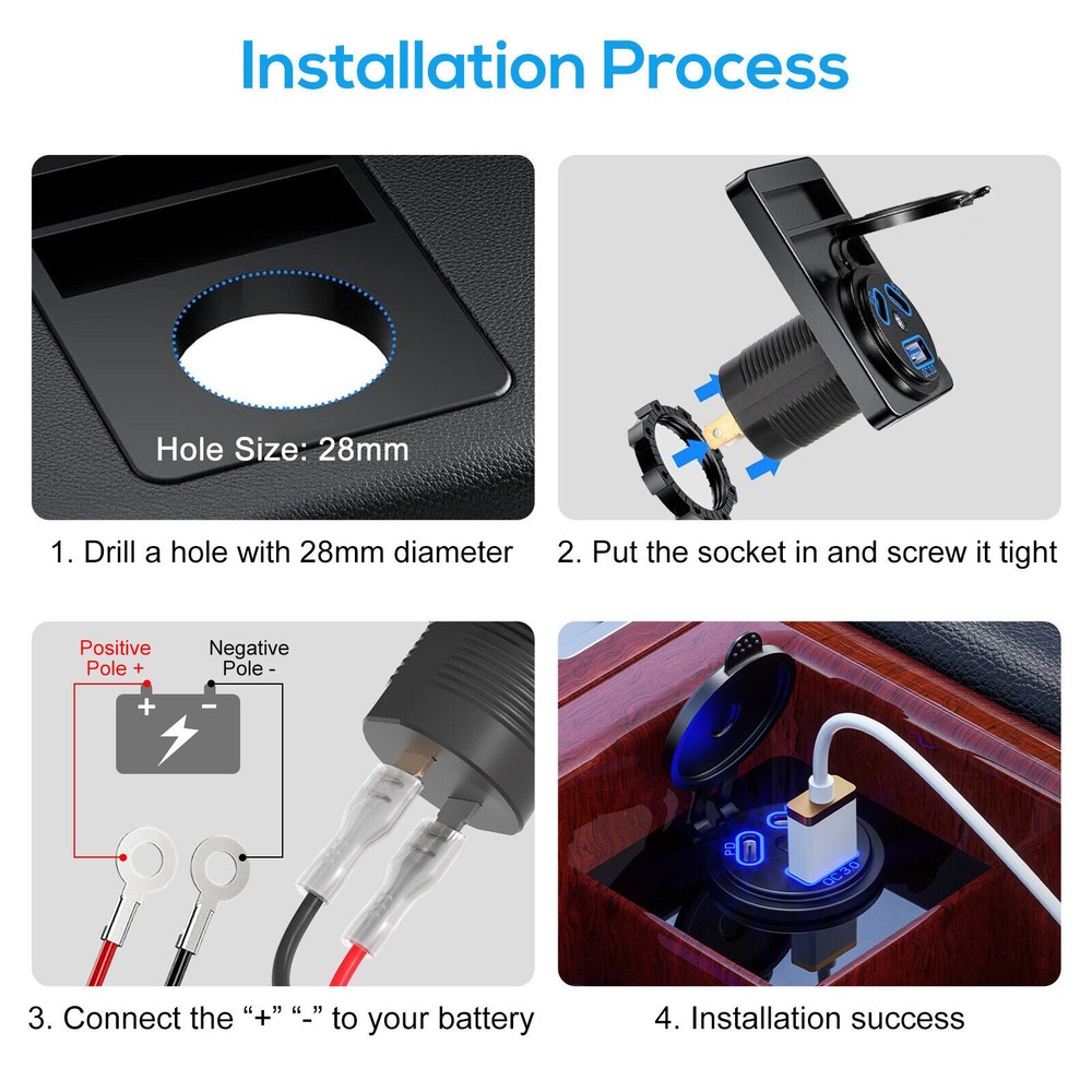 Black Dual PD+QC 3.0 USB Port Car Cigarette Lighter Socket Plug LED Indicator