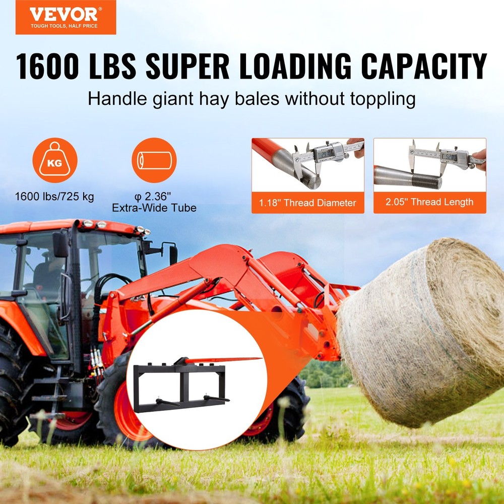 49" Hay Spear Bale Spears 1600lbs Loading Capacity Skid Steer Loader Tract
