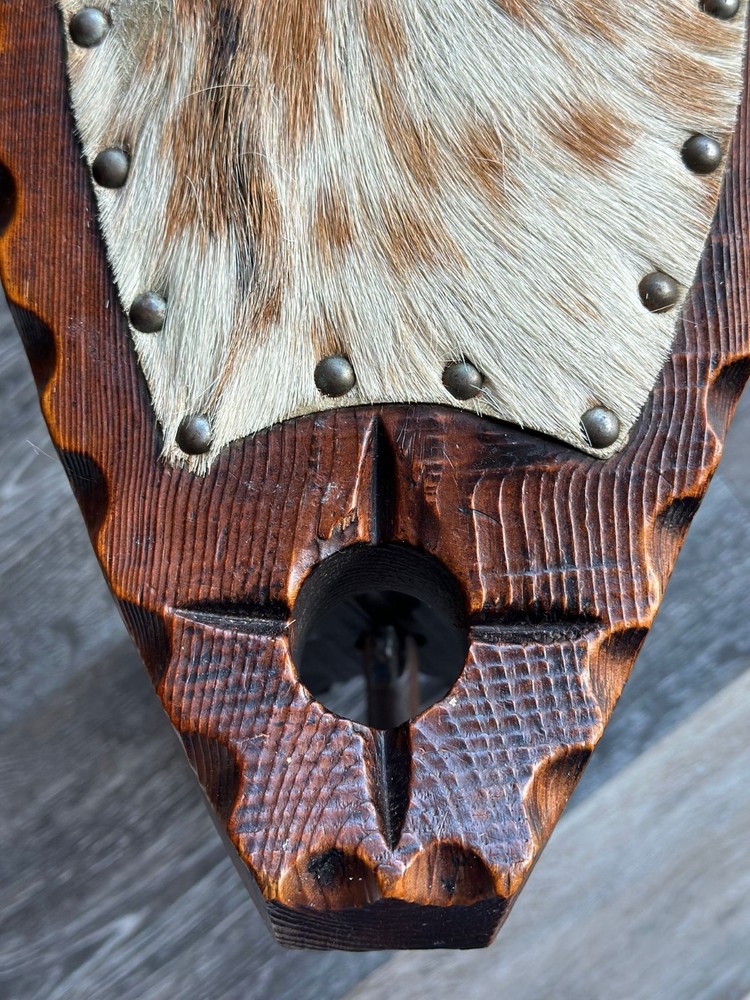 Vintage Spanish Hand-Carved Stool - Rustic Cowhide & Solid Wood