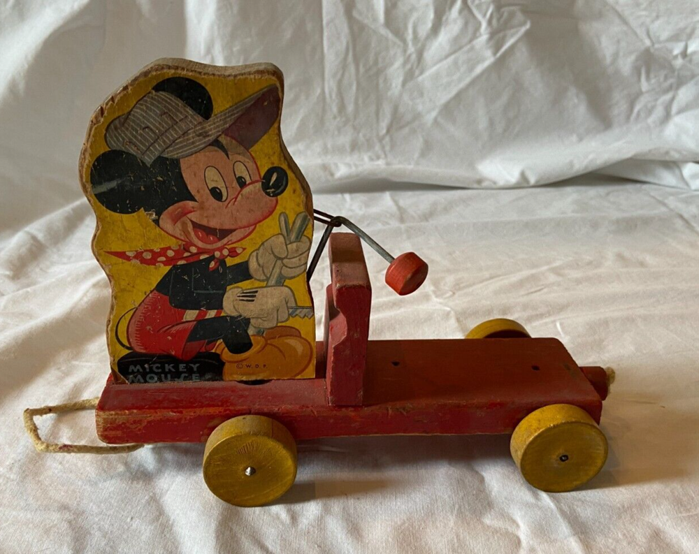 Vintage PARTIAL Wood Pull Toy Walt Disney Mickey Mouse Train Missing Front