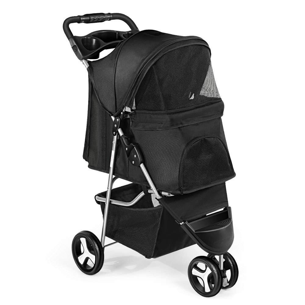 3/4 Wheels Foldable Pet Strollers Cat Dog Cage Strollers w/ Cup Holder & Basket