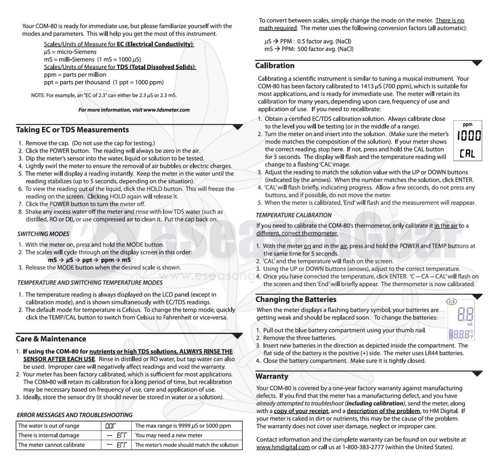 s HM Digital COM-80 Hydrotester TDS/EC/Temperature Meter