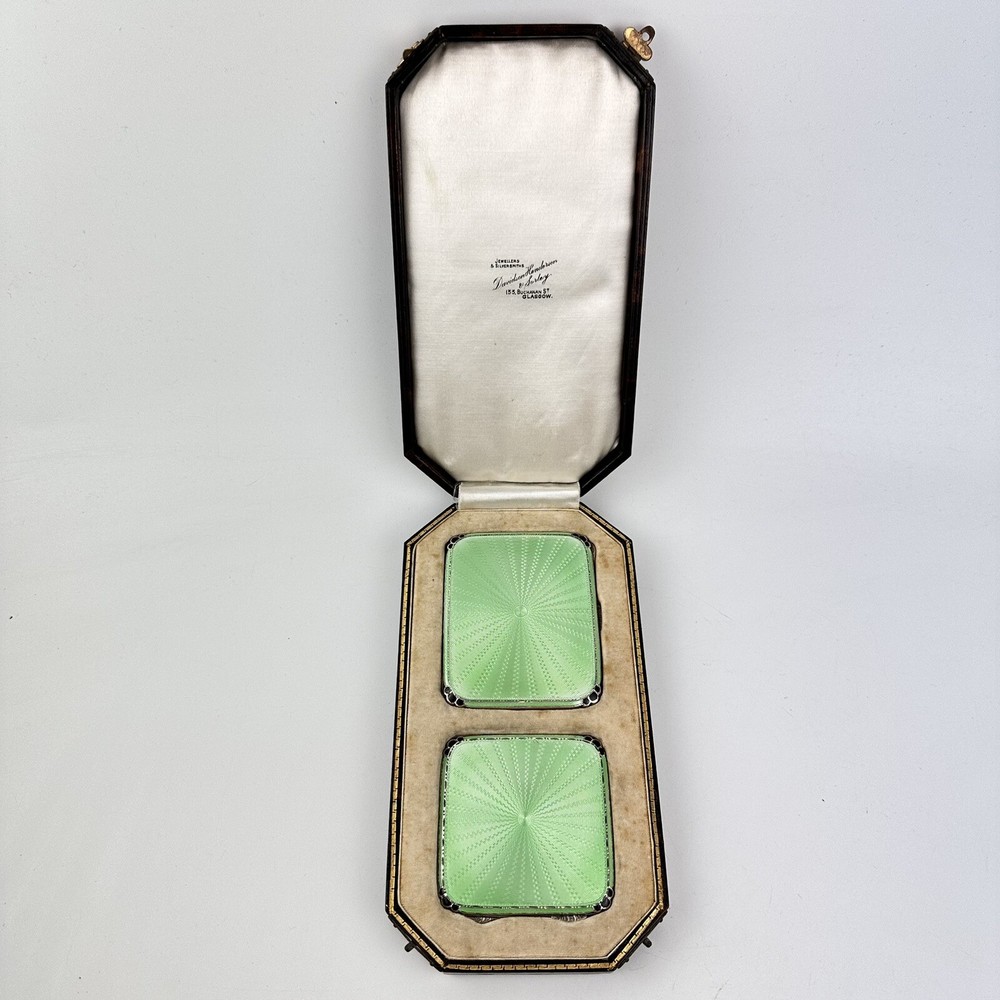 Boxed Antique Solid Silver Green Guilloche Enamel Cigarette Box & Compact Adie