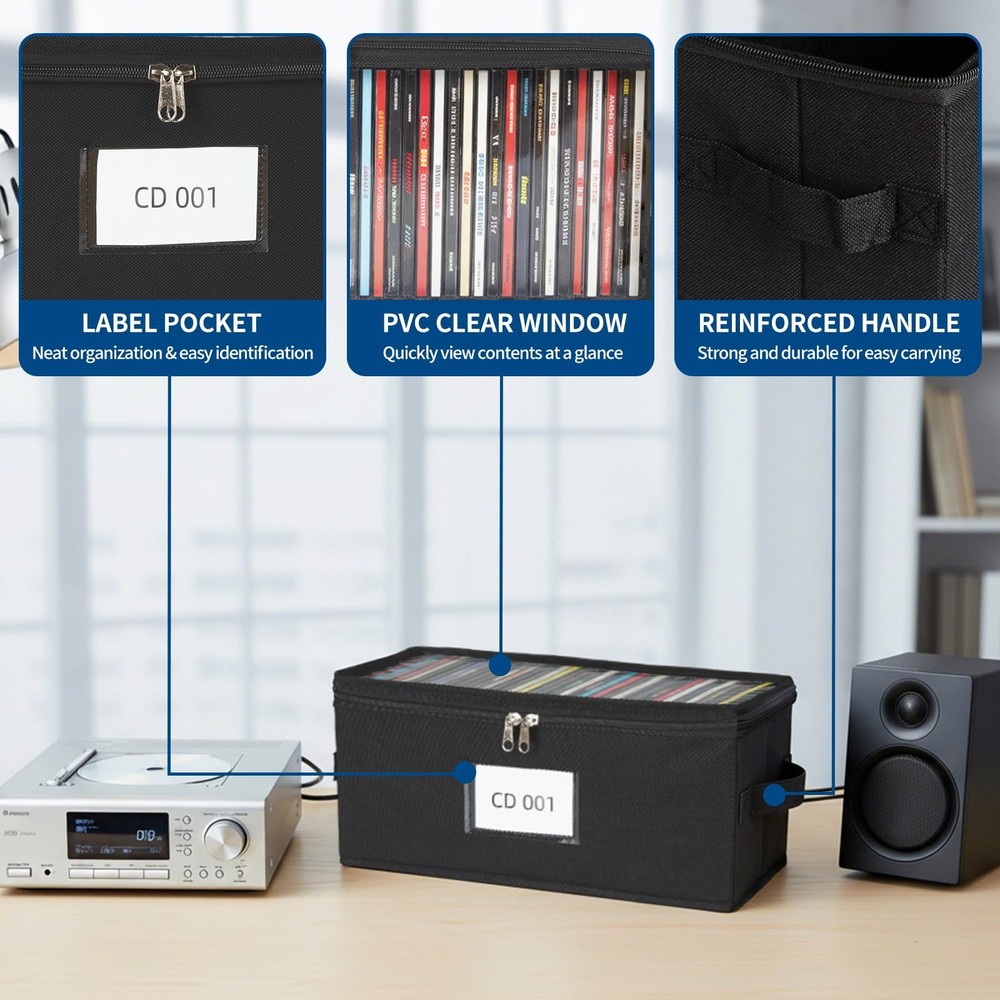 ComfortKeeper 4 Pack Fabric CD Storage Box with Clear Standard-4 Pack, Black