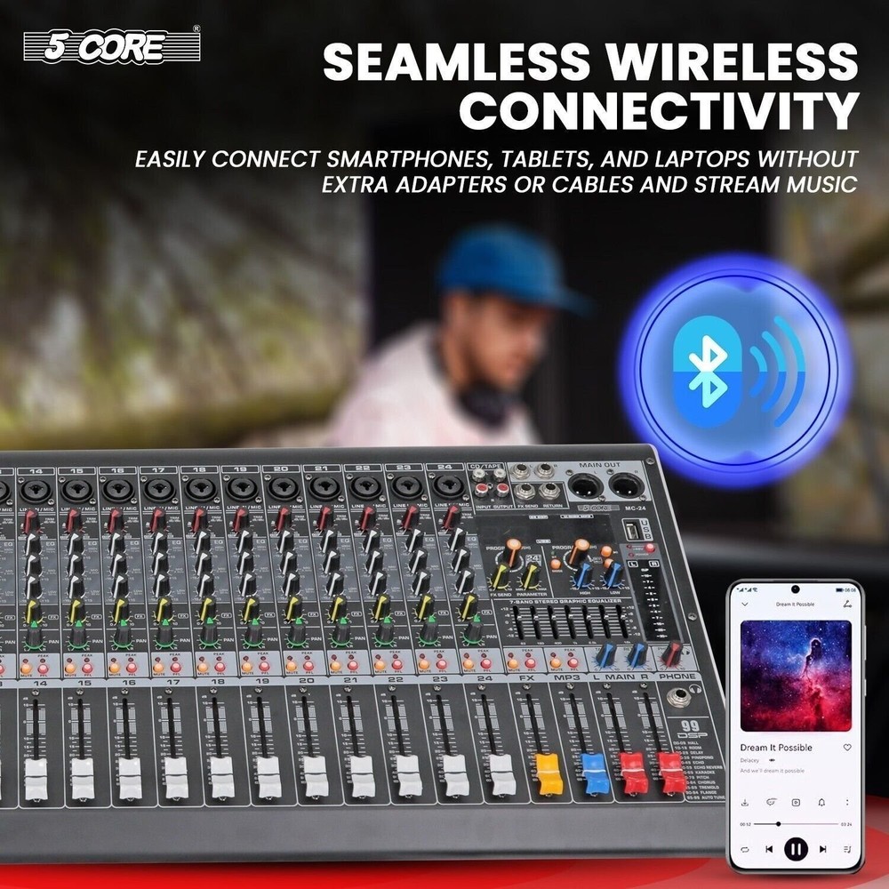 5Core Audio Mixer 24 Channel DJ Soundboard USB Interface Bluetooth XLR Console