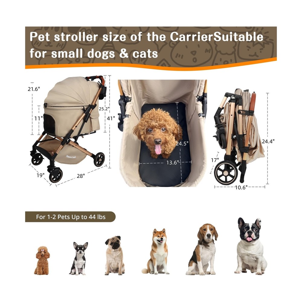 Pet Stroller with One-Click Folding & Storage Basket, for Small and... Fast Ship