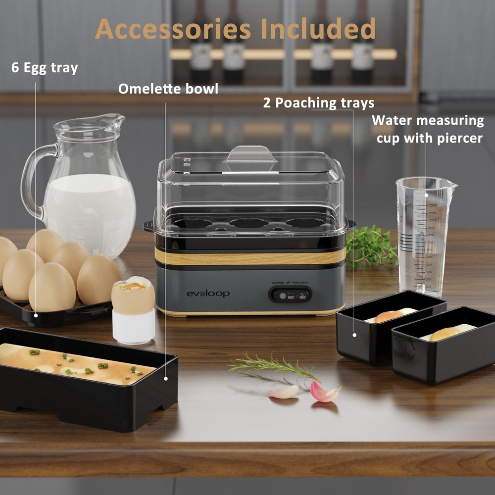 Evoloop Rapid Egg Cooker Electric 6 Eggs Capacity, Soft, Medium, Hard Boiled,...