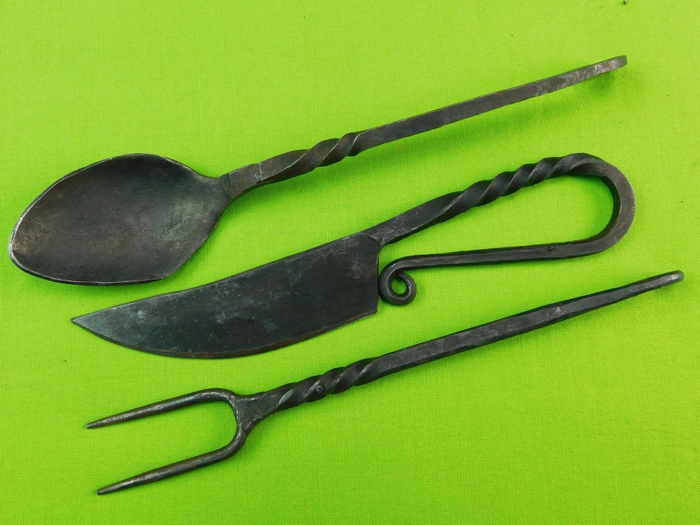 Vintage US Blacksmith Knife Spoon Fork Camp Set w/ Sheath