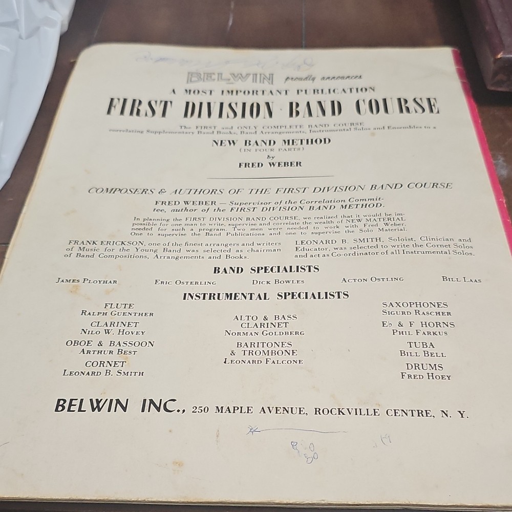 First Division Band Method Clarinet Workbook Fred Weber 1962 Home Practice
