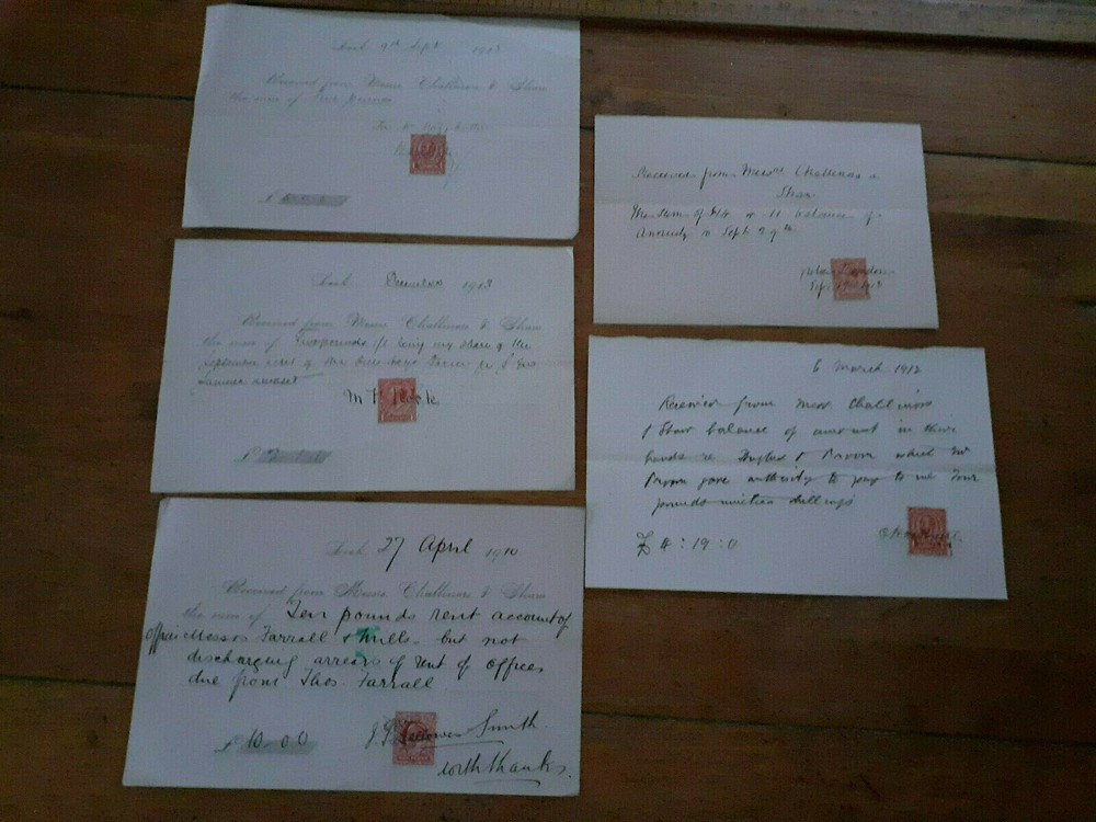 1910/13 five stamped &signed receipts Challinors & Shaw