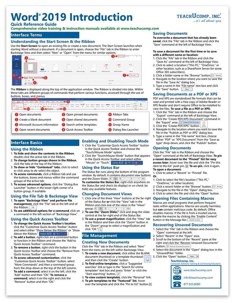 Word 2019 Training Guide Quick Reference Card 4 Page Cheat Sheet Instructions