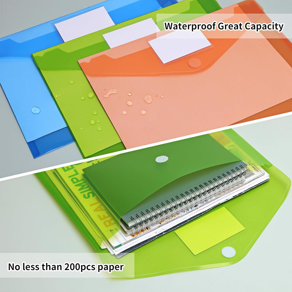 30 Pack 10 Color Plastic Envelopes Poly Envelopes, Hook & Loop Closure File Fold