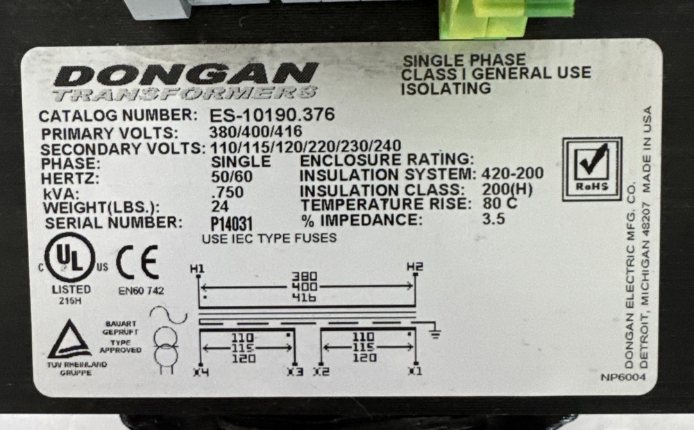 Dongan ES-10190.376 Single Phase Class 1 General Transformer Isolating Clean