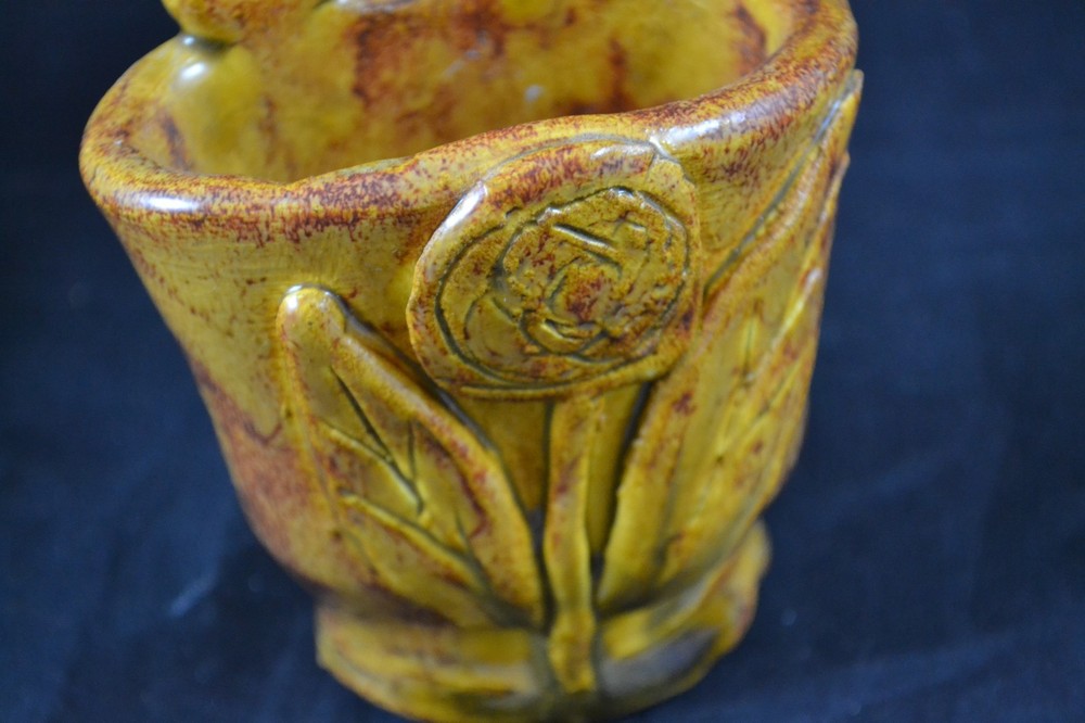 Unknown Maker Yellow Ware Glaze Small Wall Pocket with Flower
