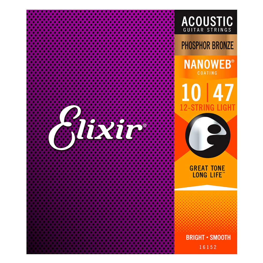 Elixir 16152 12-String Nanoweb Phosphor Bronze Guitar Strings, Light (10-47)