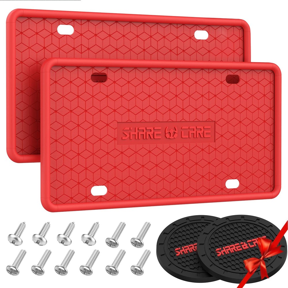 QiqaMole 2 Pack Silicone License Plate Frame, Front Back Red 2