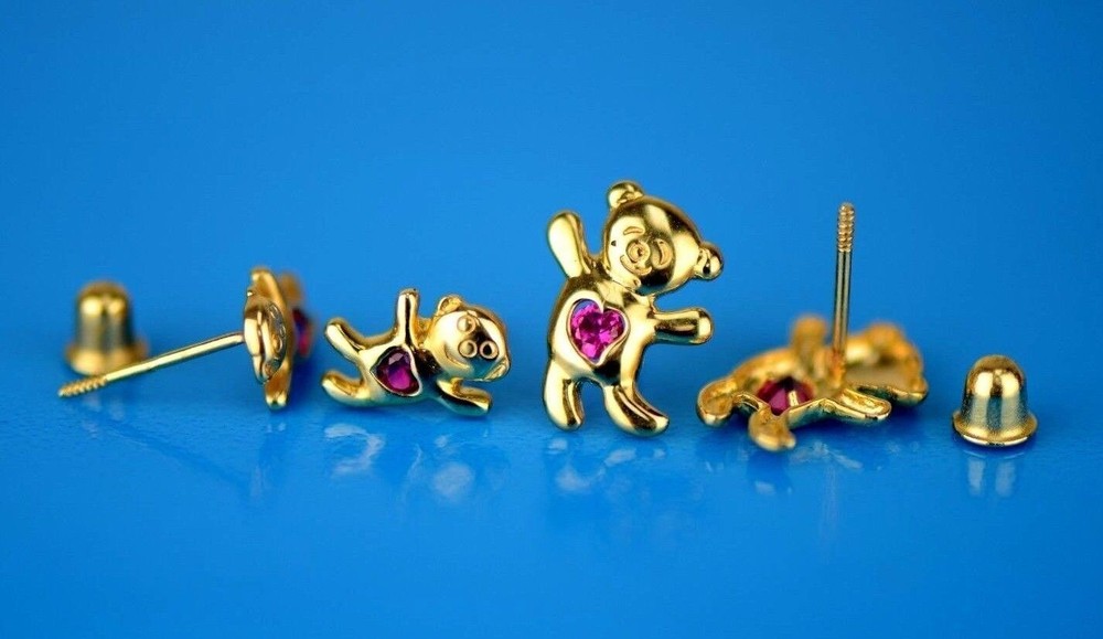14k Yellow Gold CZ Bear Stud Earrings