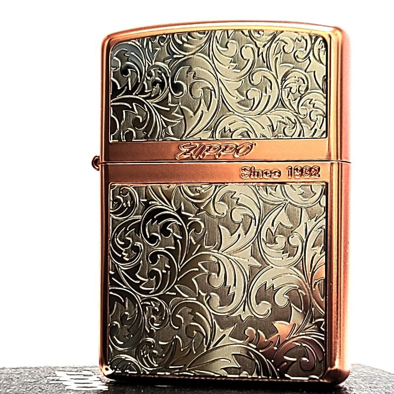 Zippo Logo Armor Arabesque Stripe Etching Pink Gold Matte Silver Lighter