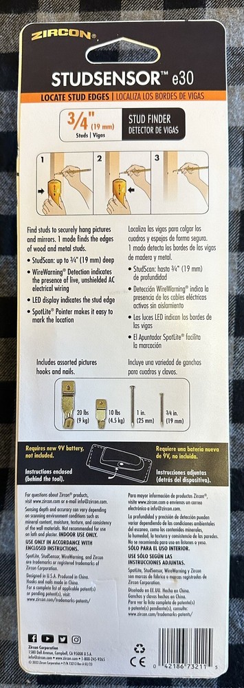 NEW - Zircon StudSensor e30 Stud Finder With Wire Warning + Bonus Hooks & Nails