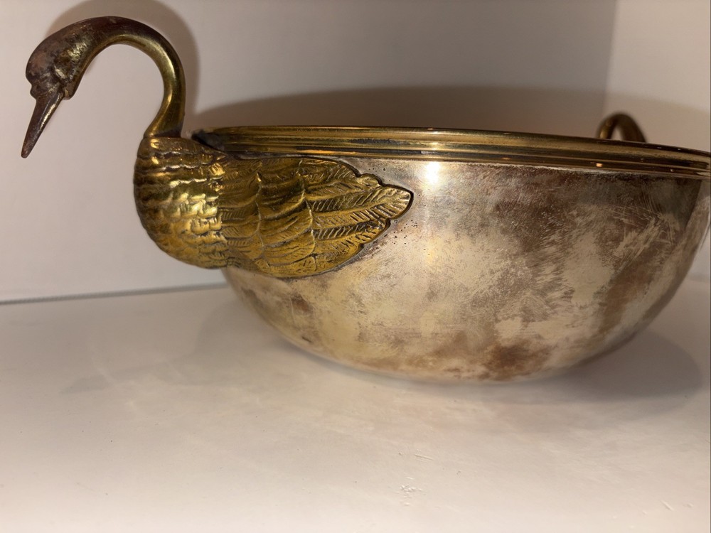 Antique Solid Brass Silverplate Large Bowl With Duck Handles