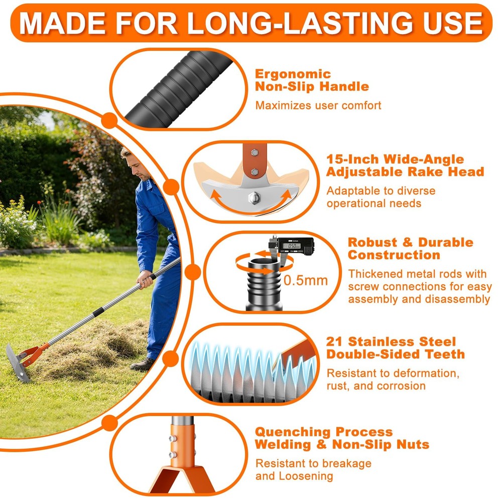 Thatch Rake for Lawn with 68" Adjustable Handle, 15" Heavy Duty Dethatcher Ra...