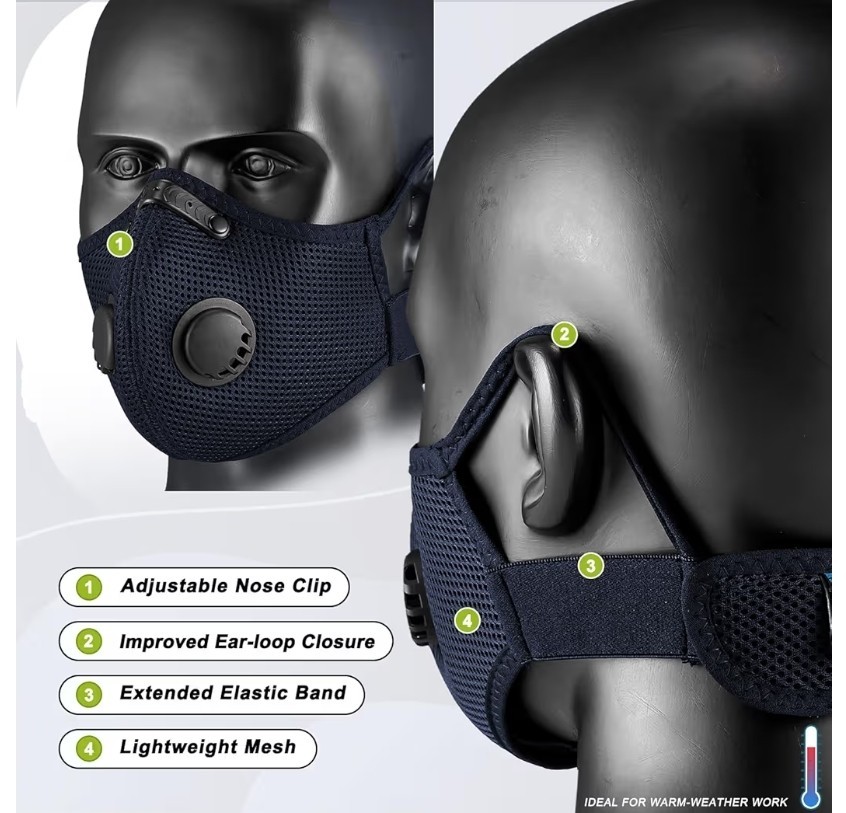 Mask 1 Pack Medium Black Mesh come w 6 filter Active Carbon Filter Valve