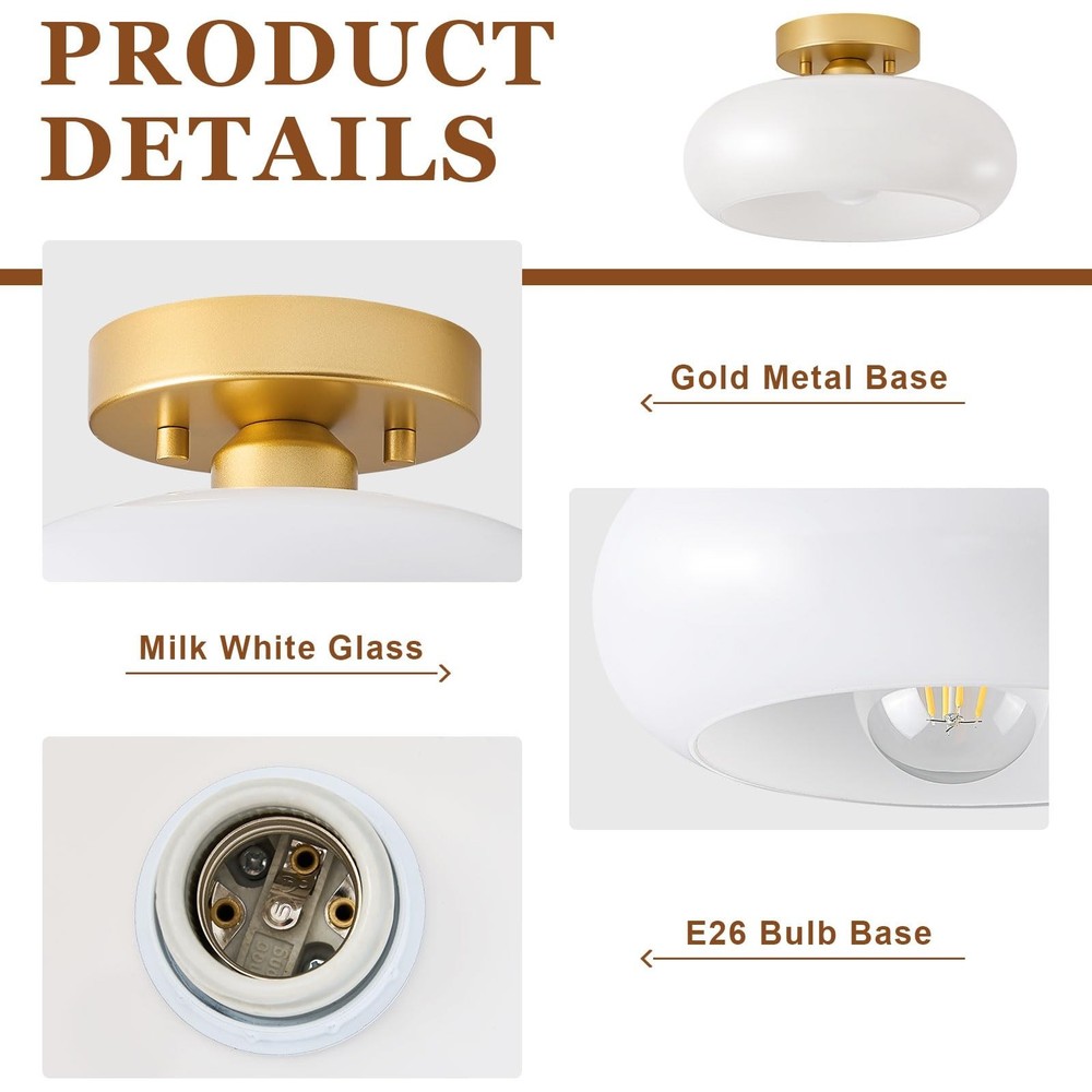 Mid-Century Modern Gold Semi Flush Mount Ceiling Light, Kitchen Ceiling Light...