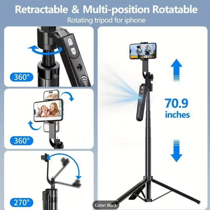 Auto Face Tracking Tripod 360° Rotation with Light, No App, 70.9" Motion Sensor