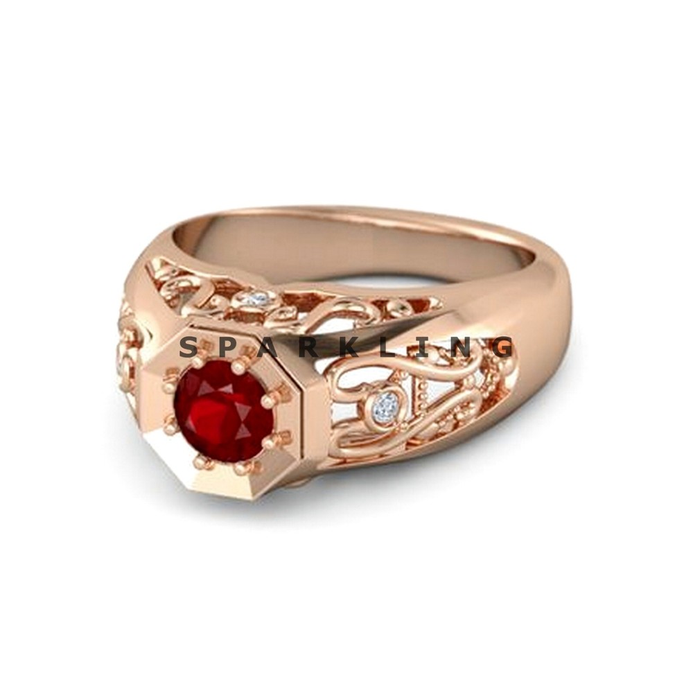 Ruby Round Cut With 14K Solid   Gold  Ring For Men's #D750