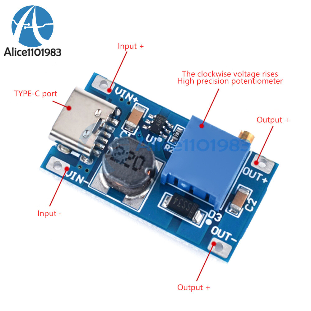 2A Step-up Board MT3608 2V-24V Input DC Boost Converter Module Micro USB/Type-C