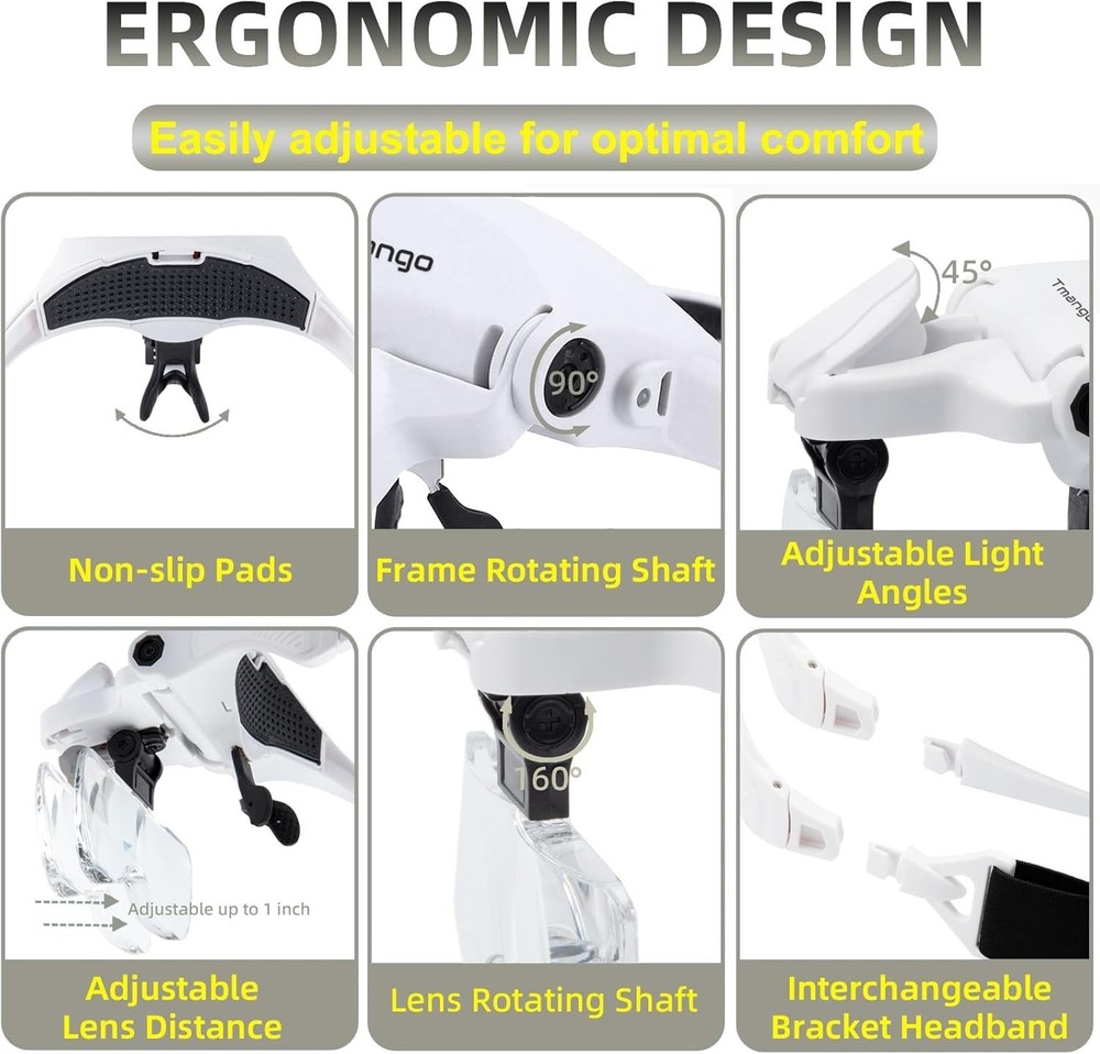 Hands-Free Lighted Magnifying Glasses with Interchangeable Lenses for Crafting