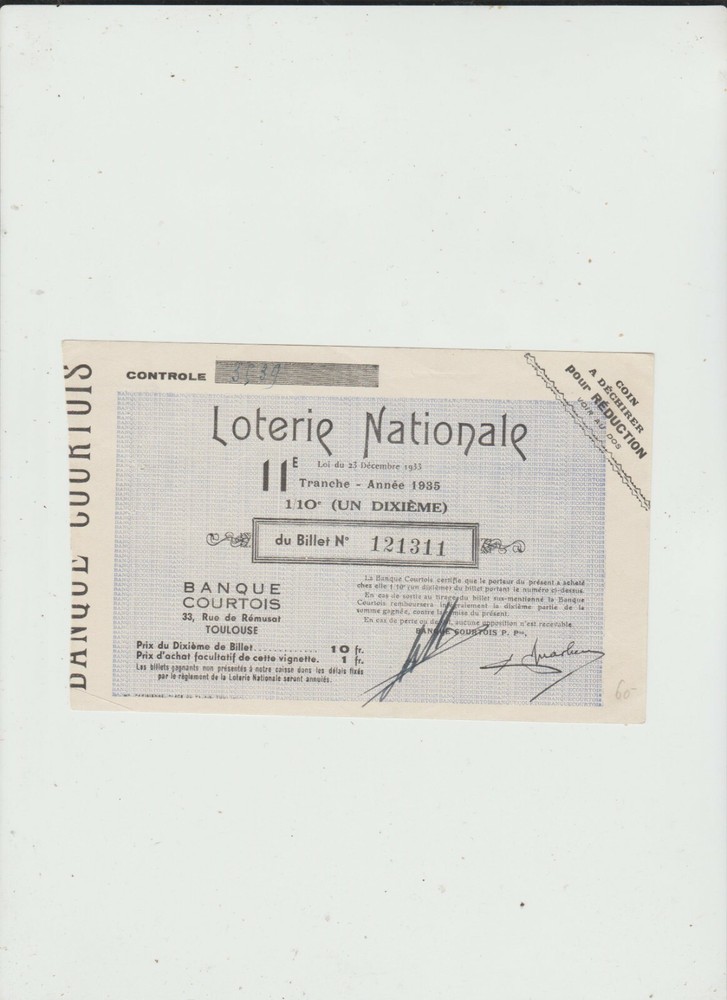 FRANCE  LOTTERY  TICKET  1935