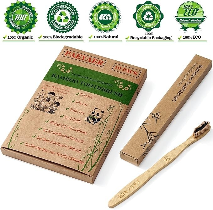 Bamboo Toothbrushes 10 Pack Biodegradable Soft Medium Charcoal Bristles