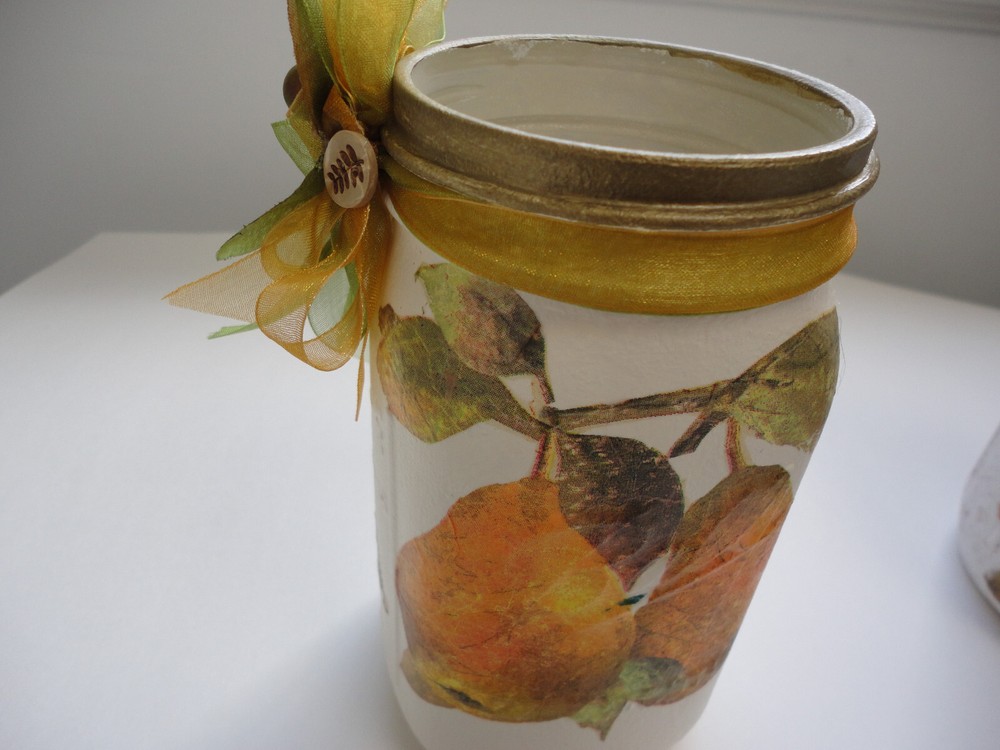 Decoupage Quart Mason Jar, Pears, Grapes ( Handmade)