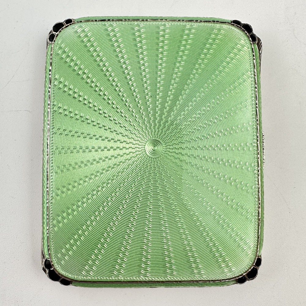 Boxed Antique Solid Silver Green Guilloche Enamel Cigarette Box & Compact Adie