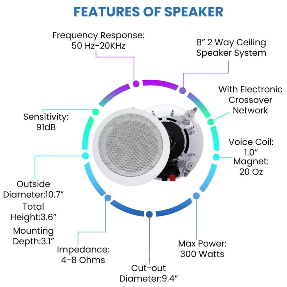 Home Theater System 2000W Bluetooth Amplifier 4x 8in Ceiling Speakers Mic Remote