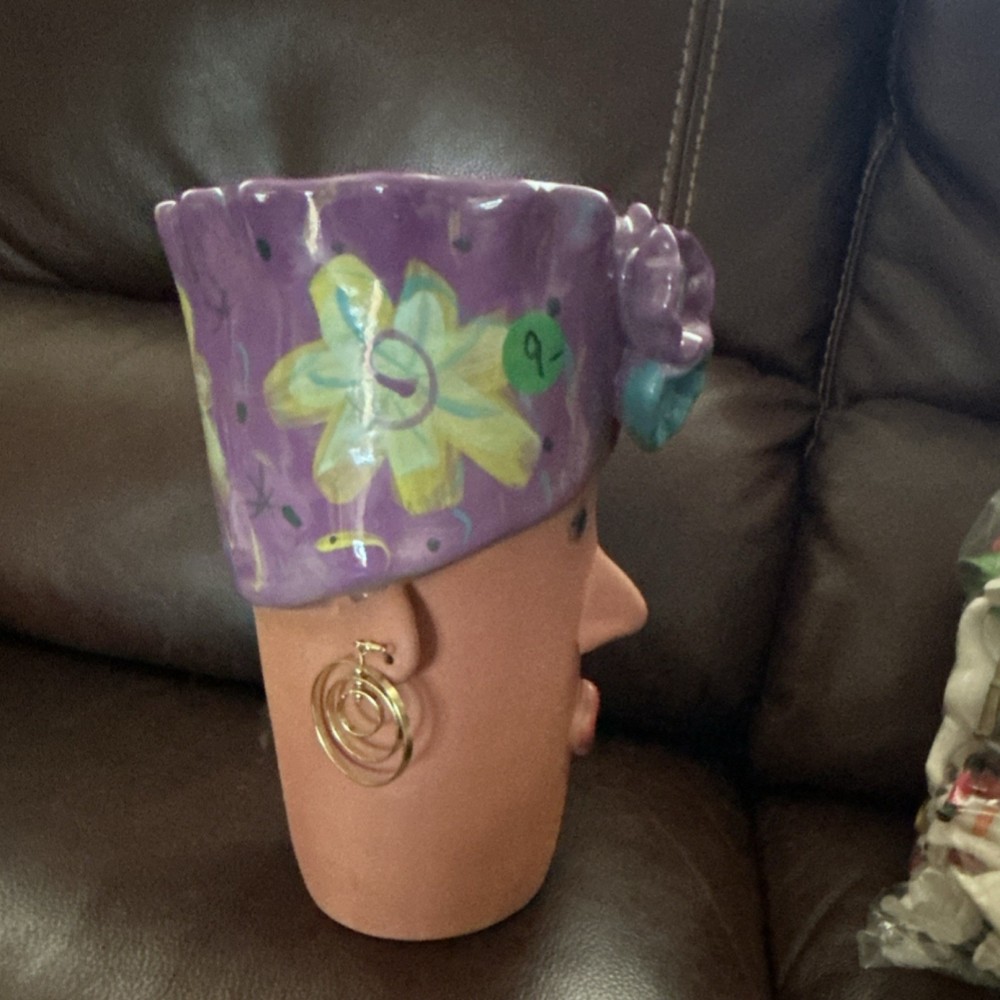 Ceramic Abstract Face Planter Floral Pattern Contemporary Decorative Art Pottery