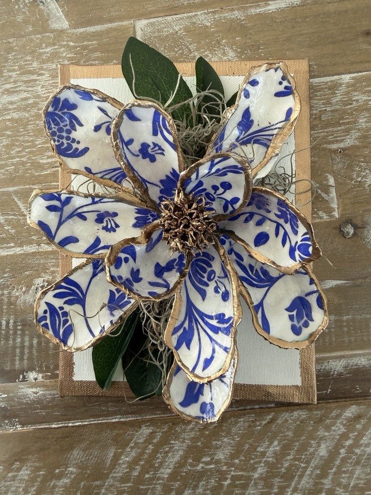 Handmade Oyster Shell Magnolia - Blue & White 8x6x3