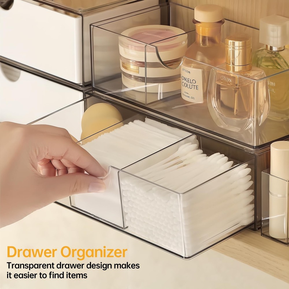 Medicine Cabinet Organizer 2 Pack, Stackable Storage Drawers with Removable D...