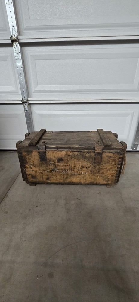 Antique Rectangular Wood Chest with Hinged Lid, Brown Metal Hardware